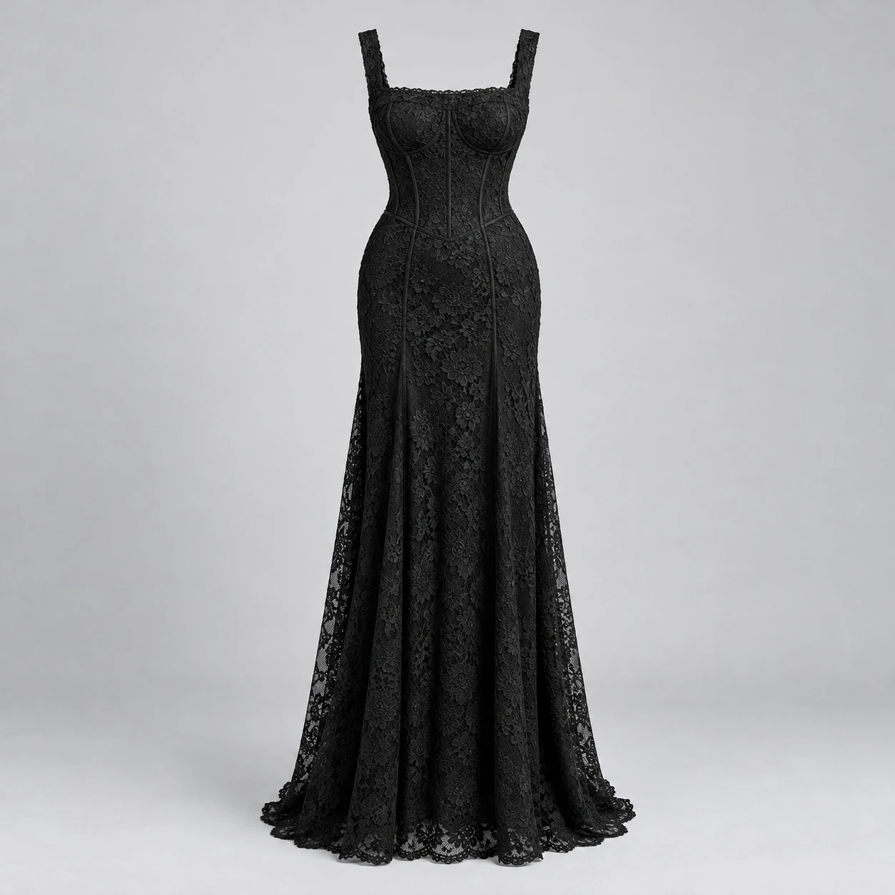 Black Midnight Corset-Seam Lace Maxi Dress