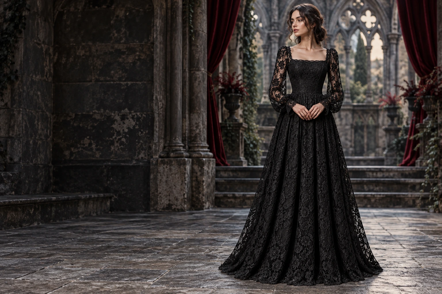 Nocturne black lace dress in a stone courtyard